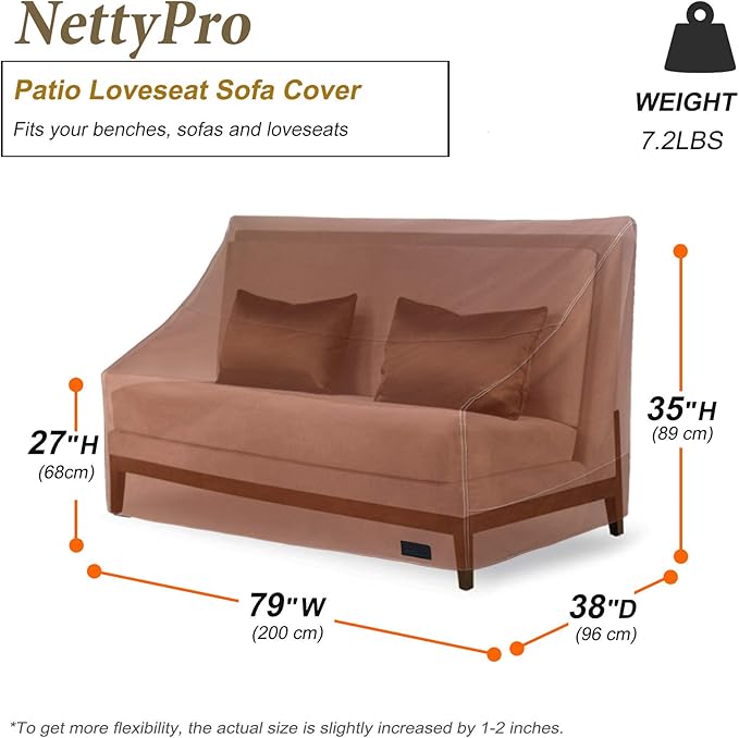 NettyPro Patio Sofa Bench Cover, Waterproof 600D Heavy Duty Outdoor Furniture 3 Seater Couch Cover, 79" Wx 38" Dx 35" H, Brown