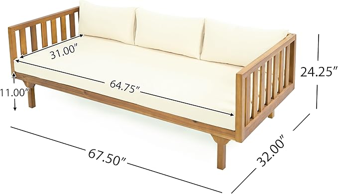 Merax Outdoor Acacia Wood Conversation Set, 3-Seat Loveseat Sofa w/Coushion and Round Coffee Table for Backyard, Patio Furniture, Teak+Beige