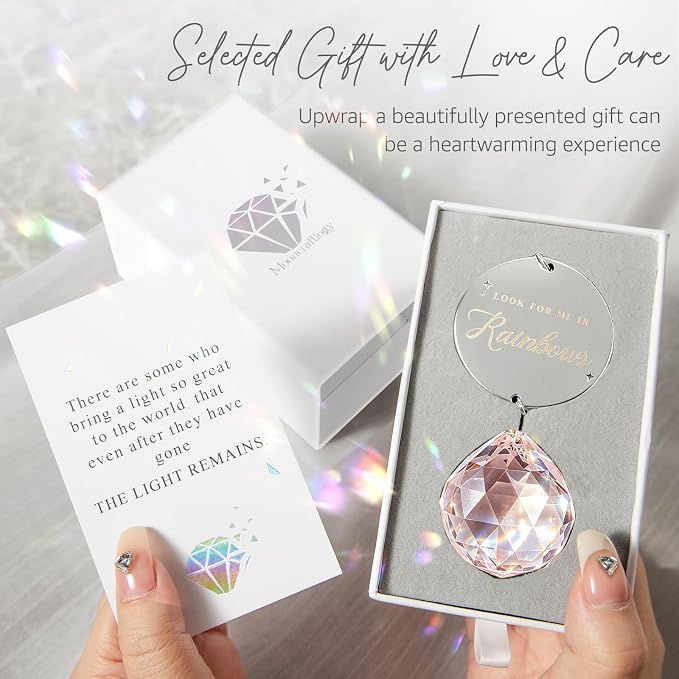 Mooncraftlogy Memorial Gift for Loss of Loved One, Light Crystal Suncatcher | Unique Sympathy Idea, Pink Memory Prism Crystal Ball, Grief Rainbow Sun Catcher, Bereavement Box for Mom Dad Son Daughter