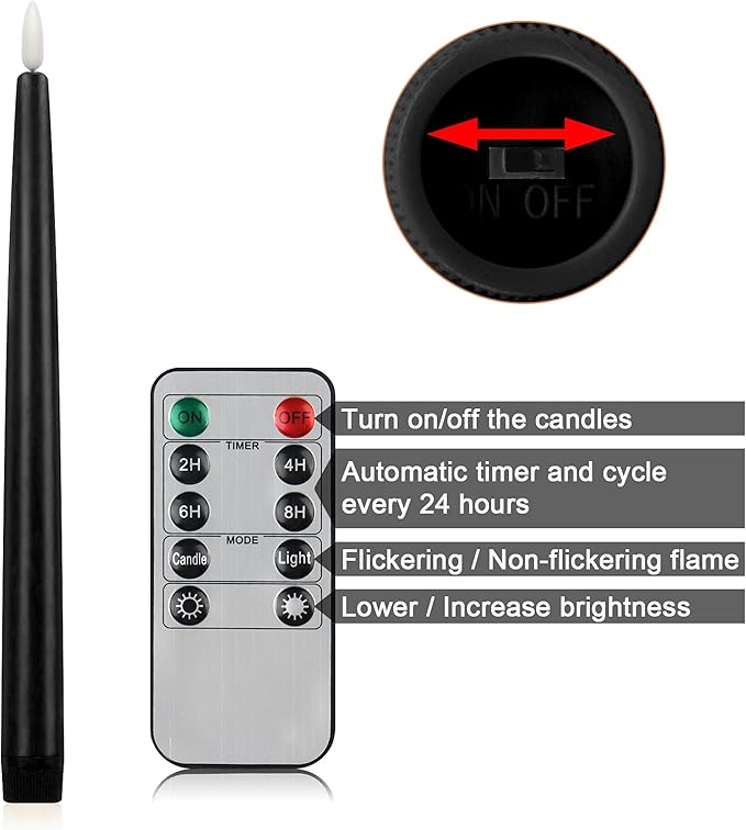 CVHOMEDECO. Flameless Taper Candles with 10-Key Remote, Battery Operated Led Flickering 3D Wick Window Candles Real Wax Finished Home Christmas Party Decor 0.78 x 11 Inch, Pack of 3, Black