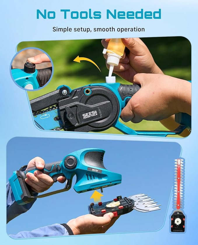SEESII 3 in 1 Cordless Mini Chainsaw & Hedge Trimmer Combo, 8 Inch Battery Powered Chainsaw with Grass Shear, 800W Brushless Motor, 2x 4000mAh Batteries, Ergonomic Yard Garden Tool Set for Trimming