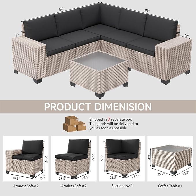 6-Piece Outdoor Patio Furniture Set, Modular Sectional Sofa Set with Glass Coffee Table and Cushions, Wicker Outdoor Couch Conversation Sets, Black