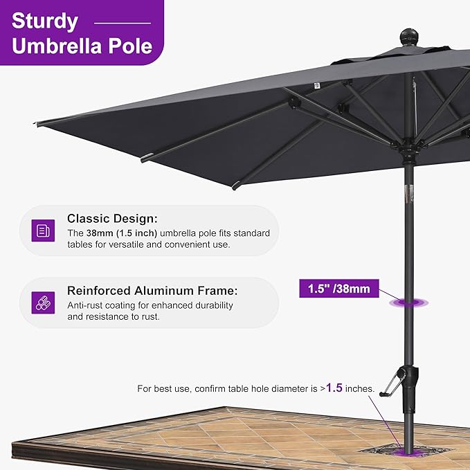 PURPLE LEAF 8' x 5' Rectangular Patio Umbrella Outdoor Table Umbrella Aluminum Frame Market Umbrella Sun Umbrella with 8 Sturdy Ribs & Tilt for Garden Deck Lawn & Pool Light Gray