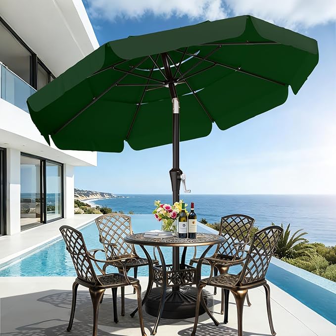 AreShark 9FT 3-Tiers Patio Umbrella with Valance, Outdoor Umbrellas with Crank/Tilt, Table Market Umbrella Vented w/ 8 Sturdy Ribs for Garden, Deck, Backyard, and Pool, Dark Green