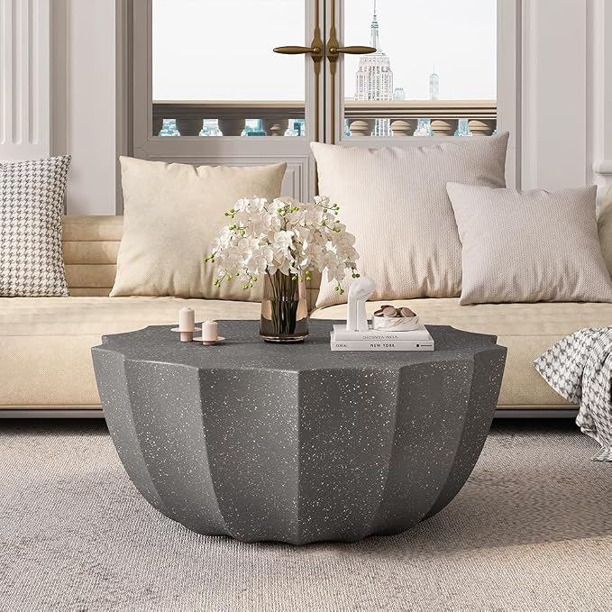 35.43" Faux Stone Coffee Table Round for Indoor or Outdoor Concrete Coffee Tables MgO Cement Center Tables for Living Room Patio Garden Backyard Balcony, Waterproof, Dark Grey Bowl