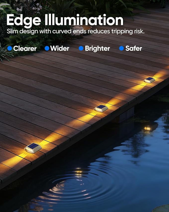 DetarZinLED Solar Deck Lights Outdoor, 4 Pack Warm White Driveway Lights Solar Powered, IP68 Waterproof Stick on & Screw Dock Light for Pathway, Walkway, Sidewalk, Patio, Pool Deck, Garden, Step