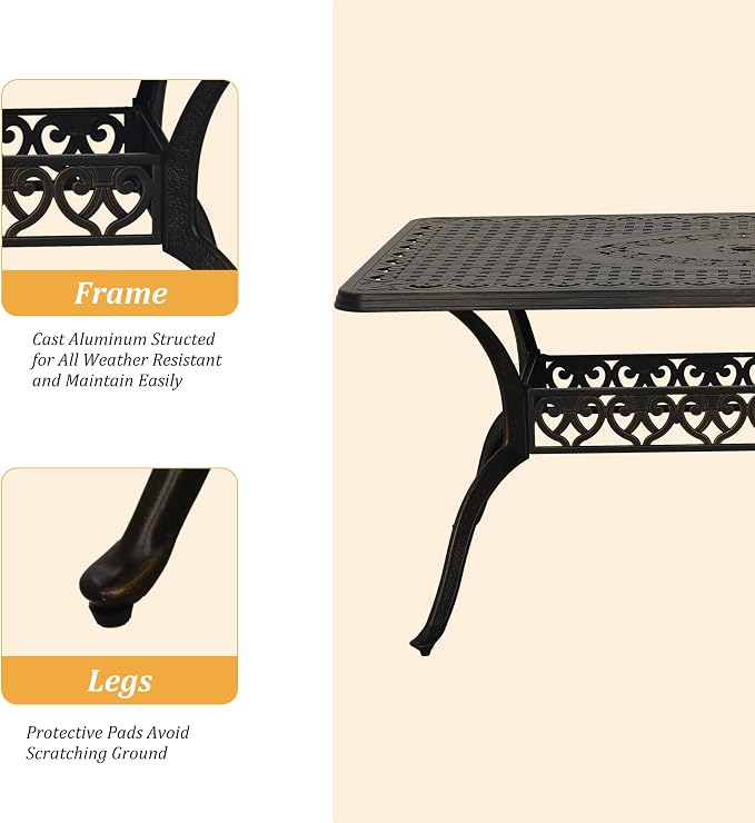 Clihome 59" Outdoor Dining Table 6-Person Cast Aluminum Patio Table with 2" Umbrella Hole Rectangle Patio Dining Table for Yard, Garden, Patio B