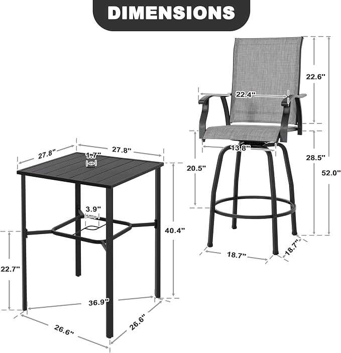 NUU GARDEN 3-Piece Outdoor Swivel Bar Set, All-Weather Textilene High Bistro Stools and 28" Square Bar Table with Slatted Top and Umbrella Hole for Patio Garden Backyard Balcony, Gray and Black