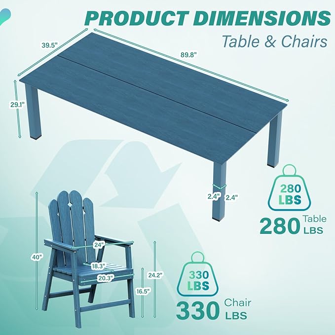 9-Piece Patio Dining Set for 8, 89.76” Oversized Table, Large HDPE All-Weather Outdoor Furniture with Umbrella Hole Table, 8 Armchairs, Navy