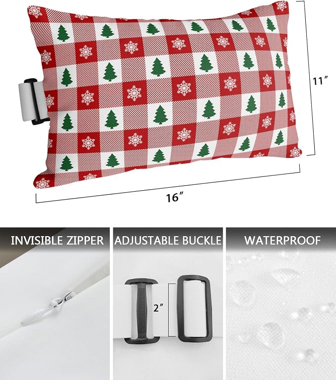 Outdoor Pillows Covers with Inserts Christmas Tree Snowflake Red White Plaid Waterproof Recliner Pillow with Adjustable Strap Throw Pillows for Patio Furniture Pool Lounge Chair, 11x16 inch, 1PCS