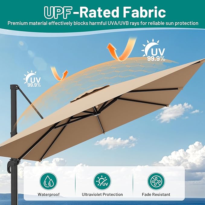 AreShark 8 X 8 FT Cantilever Patio Umbrella, 360-Degree Rotation Round Hanging Offset Umbrella with Crank, Heavy Duty Patio Umbrella for Patio, Pool, Garden, Deck, Beige