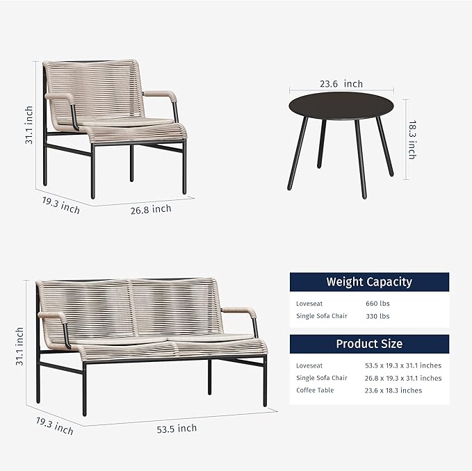 East Oak 4 Piece Patio Furniture Set, Outdoor Furniture with PE Wicker Rattan Chairs and Coffee Table, Modern Patio Conversation Set with Soft Pad for Garden, Backyard and Porch, Apricot