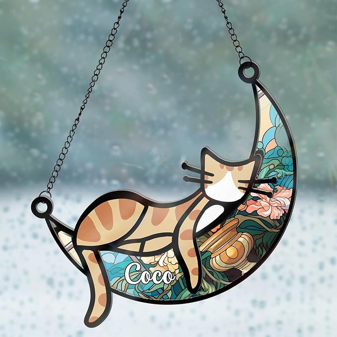 Custom Cat Memorial Suncatcher for Windows Ornament, Pet Sympathy Gift to Memorialize The Loss, Cat Sleep Sun Catchers with Personalized Decorations in Loving Memory for Loss Pet