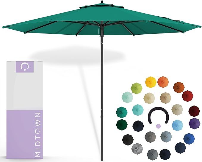 Midtown Umbrellas Push & Pop 8 Ft Patio Umbrellas with Push & Pop Mechanism, Fiberglass Ribs & Sunbrella Fabric – Outdoor Umbrella for Deck, Pool, Cafés and Hotels – Canvas Teal Canopy, Black Pole