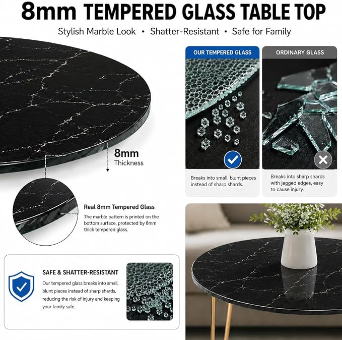 30" Round Tempered Glass Table Top, 5/16" (8mm) Thick, Marble Pattern Replacement, Heavy-Duty, Heat & Scratch Resistant for Coffee, Dining & Patio Tables, Black