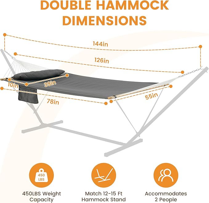 Lazy Daze Hammocks 2 Person Double Quilted Fabric Hammock with Spreader Bar, Detachable Pillow, Side Pocket, Carabiners, Chains, Straps for Outdoor, 450lbs Capacity, Grey