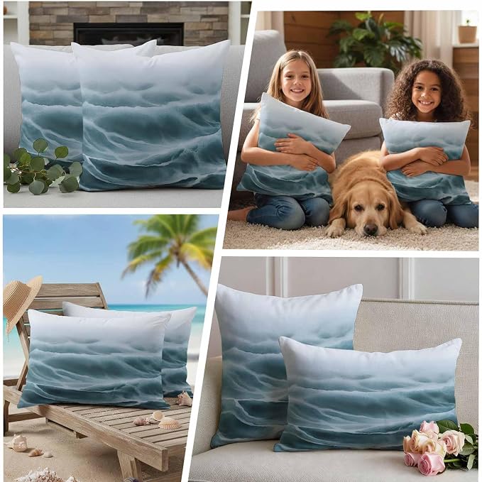 Turquoise Ombre Outdoor Waterproof Throw Pillow Covers Set of 2, 20"x20", Modern Abstract Watercolor Art Decorative Pillow Covers Outside Cushion Case for Patio Porch Garden