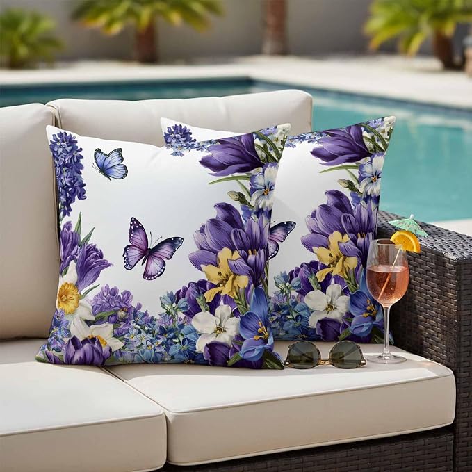 Outdoor Waterproof Pillow Covers for Patio Furniture Purple Blue Flowers Butterfly Throw Pillow Cover Watercolor Floral White Pillowcases Set of 2 Cushion Case for Sofa Couch Chair 20x20 inch