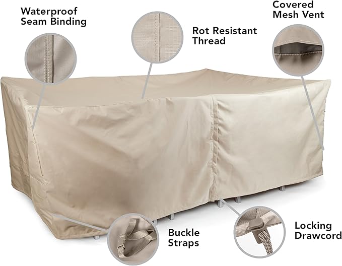 Covermates Ultima Outdoor Rectangular Dining Table & Chair Set Cover – All-Weather Water-Resistant Rip-Resistant Polyester, Mesh Vents, Drawcord Hem, Buckle Straps, 138W x 68D x 30H, Ripstop Tan