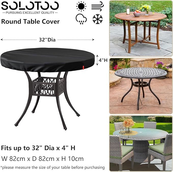 Outdoor Round Table Cover Waterproof UV-Resistant for 32 Inch Diameter Patio Tables - Heavy Duty Weatherproof Table Top Protector with Elastic Hem (Black)