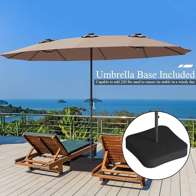 Tangkula 15 Ft Solar Patio Umbrella with Base, Extra Large Outdoor Double-Sided Twin Umbrella with 36 LED Lights & Crank Handle for Garden, Deck, Poolside, Patio (Tan)