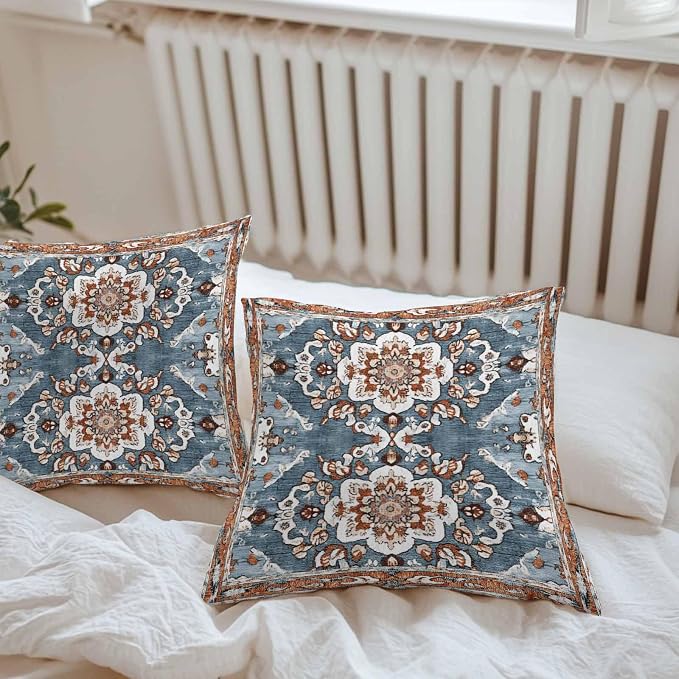 Blue Bohemian Waterproof Outdoor Pillow Covers Set of 2 Home Decor, Retro Pattern Oriental Farmhouse Ethnic Pillowcase Patio Pillow Covers for Couch Bench Furniture Garden 26x26in