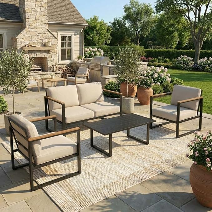 Outdoor Patio Furniture Sets of 4, Metal Patio Conversation Sets with Coffee Table, Outside Seating Furniture with Loveseat, 2 Chairs and Thick Cushions for Porch, Apartments, Deck, Bistro, Garden