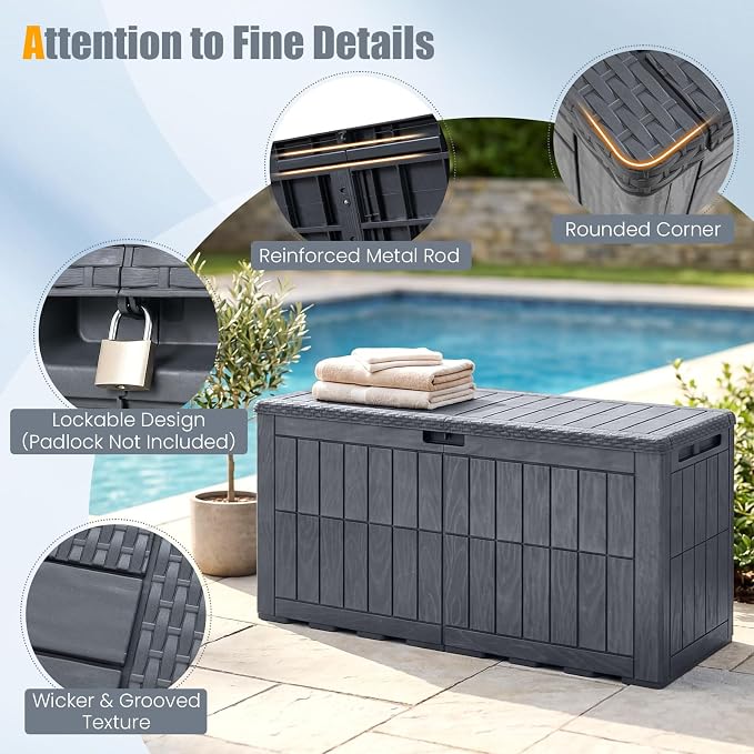 HAPPYGRILL 100 Gal Outdoor Deck Box, Lockable Storage Bin with Lid and Handles, Waterproof and Sun-Protective Patio Bench and Storage Box for Garden Tools Pool Supplies (Gray, 100Gallon)