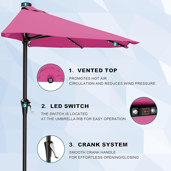 AreShark 9ft Patio Half Umbrellas with Solar Lights, 1/2 LED Half Outdoor Umbrella w/ 20 LED Lights, Lighted Table Wall Umbrella with Crank & 5 Sturdy Ribs for Market, Pool, Deck, Lawn and Garden, Rose Pink