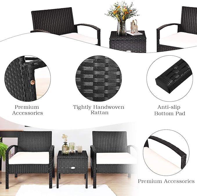Tangkula 3 Piece Patio Wicker Conversation Set, Outdoor Rattan Furniture with Washable Thick Cushion & Coffee Table w/Storage Space, Patio Furniture Set for Backyard Porch Garden Poolside (White)
