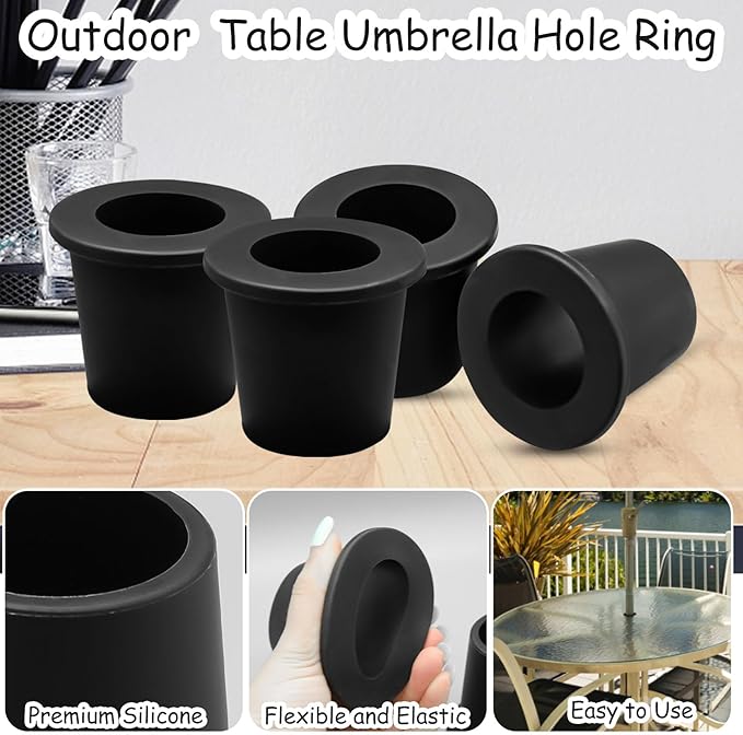 4Pcs Patio Table Umbrella Hole Ring Plug, Silicone Pool Umbrella Sleeve Stabilizer Cone Wedge, Umbrella Table Ring Hole Insert for 2-2.5 Inch Table Hole or 1.5 Inch Pool Umbrella Adapter (Black)