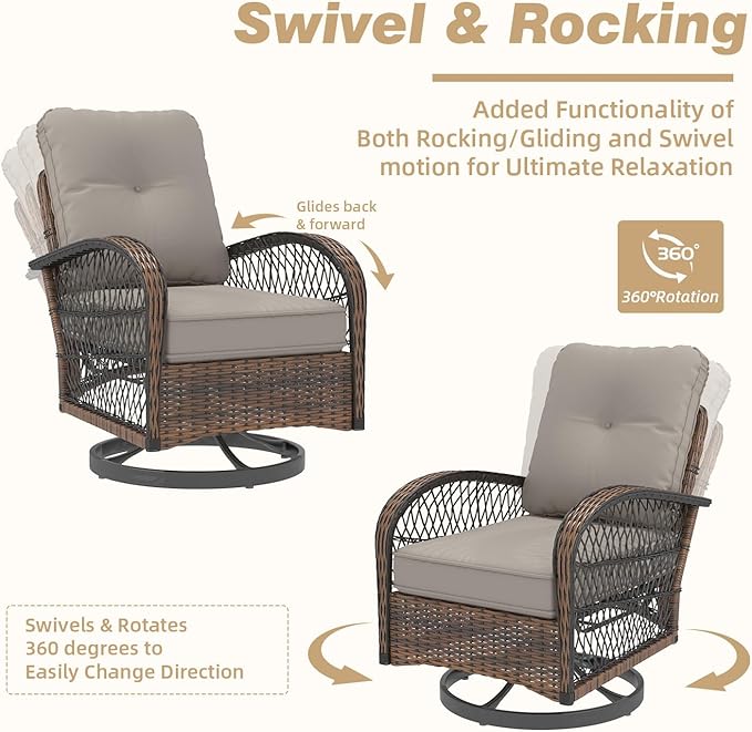 EROMMY 3 Pieces Patio Furniture Set, Outdoor Swivel Rocker Patio Chairs, Wicker Patio Bistro Set with Rocking Chair, Thickened Cushions and Glass Coffee Table for Backyard, Garden, Grey