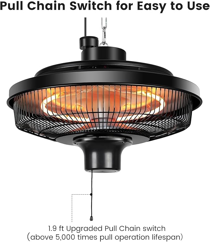 Fanspex Hanging Patio Heater, 1500W Electric Infrared Heaters for Home, Gazebo, Garage, Greenhouse, Ceiling Mount with Overheat Protection, IPX4 Water Resistance, Adjustable Height (Black)