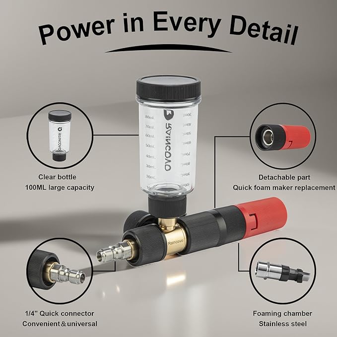 Raincovo Pure Pro Foam Cannon for Pressure Washer, Adjustable Nozzle with 1/4” Quick Connector, Power Washer Soap Cannon for Car Detail, Additional 1.1mm Orifice Nozzle