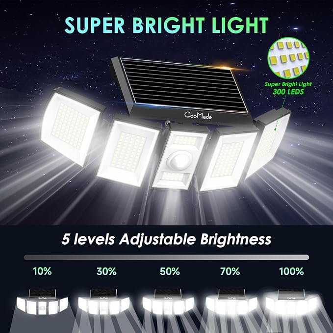 GeoMade Solar Outdoor Lights, Flood Light Motion Sensor & Dusk to Dawn, Solar Spotlights Outdoor Waterproof, 300 Security LED & Remote Control, 5 Head 270°, Spot lamp for Wall Backyard, 2 Pack