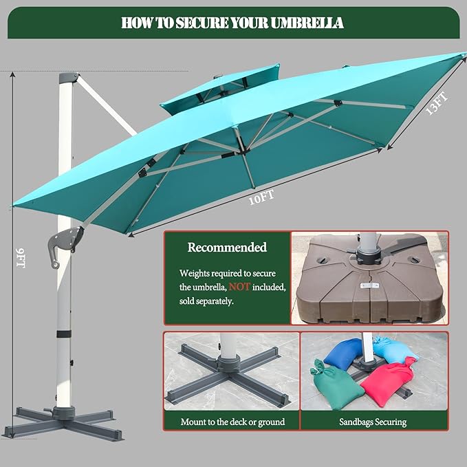 Cantilever Patio Umbrella with Cross Base and Cover Included - 360° Rotation Large Heavy Duty Offset Outdoor Umbrella with Easy Tilt for Pool Backyard Deck Garden (10x13 FT Turquoise Blue)