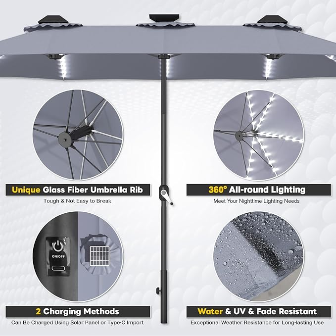 AECOJOY 15ft Patio Umbrella with Solar Lights, Outdoor Large Patio Umbrella with Crank Handle and 156 PCS LED Lights, Rectangular Market Umbrella for Backyard Deck Pool in Grey(1.9" Pole)