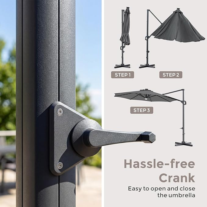 Tangkula 10ft Patio Umbrella with Solar Lights, Offset Cantilever Square Outdoor Umbrella with 35 LED Lights, Aluminum Pole, 360 Degree Rotation, Tilt Adjustment, Air Vent for Pool Deck Yard (Gray)