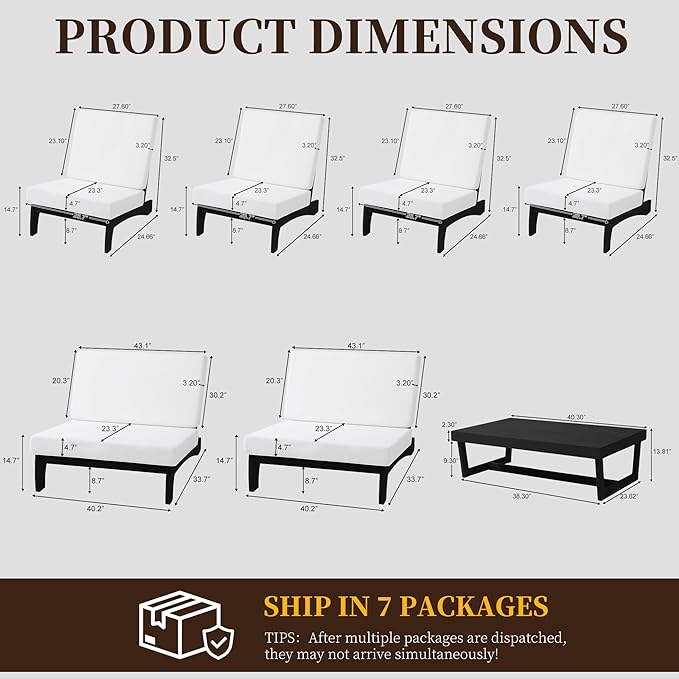 UIXE 7 Pieces Black Wood Patio Furniture Sets, 2 Patio Loveseat, 4 Patio Bistro Chair, All Weather Outdoor Sectional Sofa Furniture Backyard Conversation Set with Coffee Table - Beige