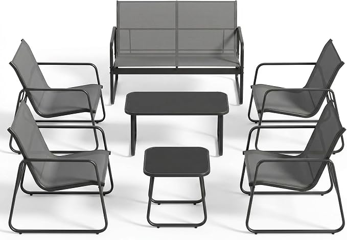 Gizoon 7 Piece Outdoor Patio Furniture Set, Teslin Fabric Outdoor Conversation Set with Loveseat, 4 Single Chairs & 2 Coffee Tables, Modern Metal Frame, for Backyard, Porch, Garden, Poolside, Grey