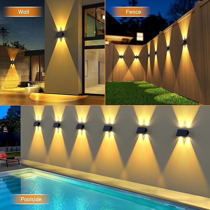 Solar Fence Lights,6Pack Solar Lights Outdoor Warm White + RGB Up & Down Waterproof 100 Lumens Dusk to Dawn Large Solar Wall Lights for Backyard/Pool/Railing/Patio/Porch/Step/Wall