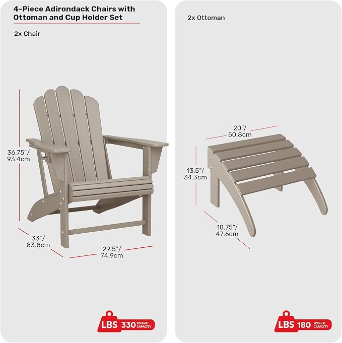 Costaelm Lakeview 4-Piece Outdoor Patio HDPE Adirondack Chairs with Ottomans and Cup Holder Set, Weathered Wood