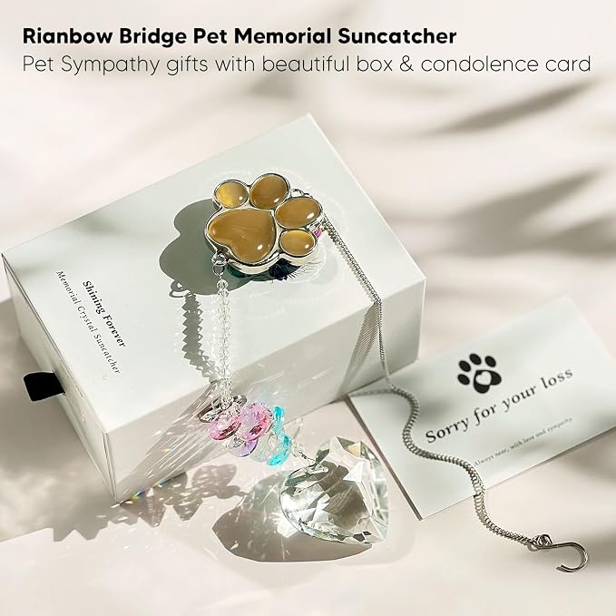 Dog Memorial Gifts, Pet Memorial Suncatcher, Loss of Dog Sympathy Gift | Thoughtful Dogs and Cats Bereavement Remembrance Gifts, Natural Cat's Eye Stone Paw Crystal Suncatcher
