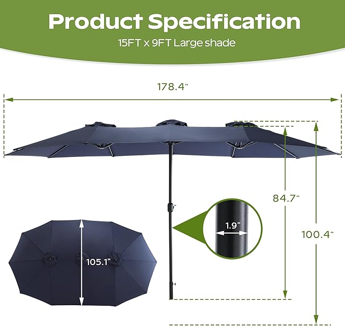 15ft Umbrella Outdoor Patio - Double-Sided Large Market Rectangle Umbrellas with Crank Handle for Patio Garden Yard Pool (No Base)