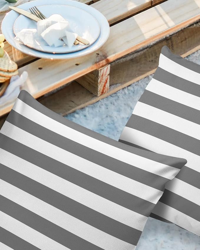 Outdoor Waterproof Pillow Covers for Patio Furniture Grey and White Stripes Decorative Throw Pillow Cover Solid Striped Pillowcases Set of 2 Cushion Case for Sofa Couch Chair 18 x 18 in