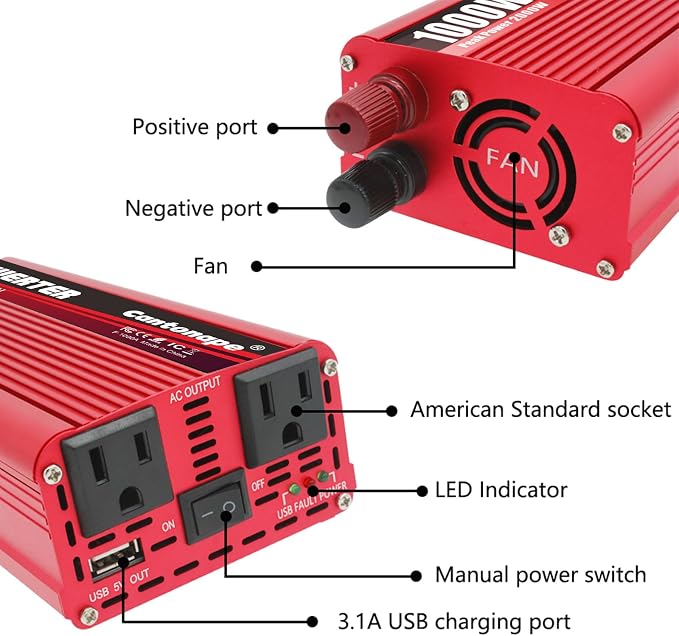 Cantonape 1000W Power Inverter DC 12V to 110V/120V AC Car Inverter with 3.1A USB Car Adapter and Cigarette Lighter for Vehicles Home Laptop Truck Trip