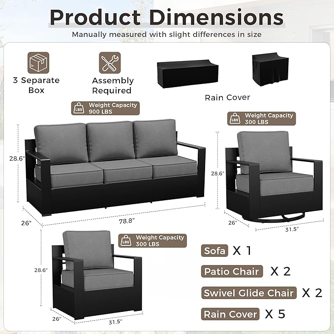 Outdoor Patio Furniture Set, 5-Piece Aluminum Patio Conversation Set All-Weather Metal Outdoor Sectional with 6 Inch Thick Cushions, Deep Setting for Garden, Outside and Porch, Grey