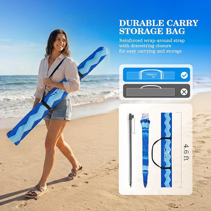 UIRWAY Beach Umbrella, Heavy Duty Windproof Beach Umbrellas with Sand Anchor & Tilt, Sun Protection Portable Beach Umbrella with Carrying Bag for Beach, Patio Garden Pool Outdoor
