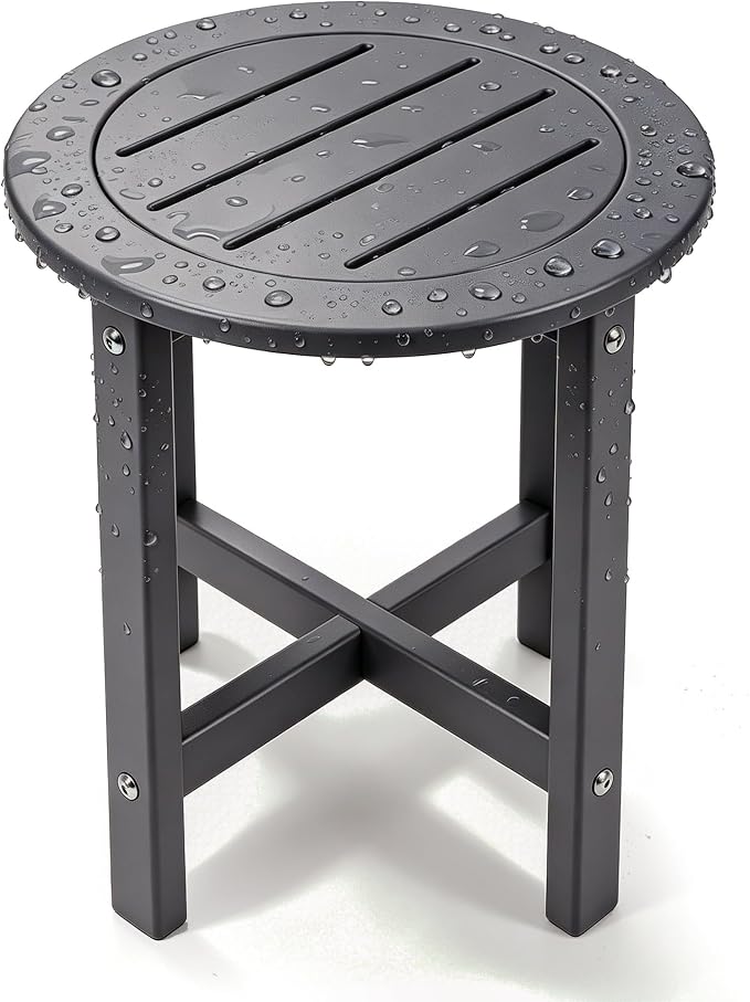 Small Outdoor Side Table 15.94" HDPE Round Adirondack End Table | Storage Shelf, Plant Stand, Weather Resistant, Easy to Clean & Use, Not prone to fading, for Patio, Backyard, Deck, Gray
