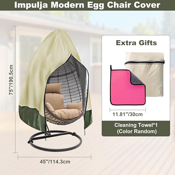 Waterproof Egg Chair Cover for Outdoor,Outdoor Hanging Egg Chair Cover,UV Resistant,Windproof Heavy Duty,Wicker Egg Swing Chair Covers,Fits Single Seat Egg Chair,75"" x 45"",Beige